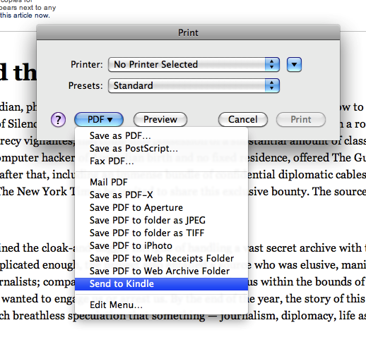 OS X print dialog, with Send to Kindle option